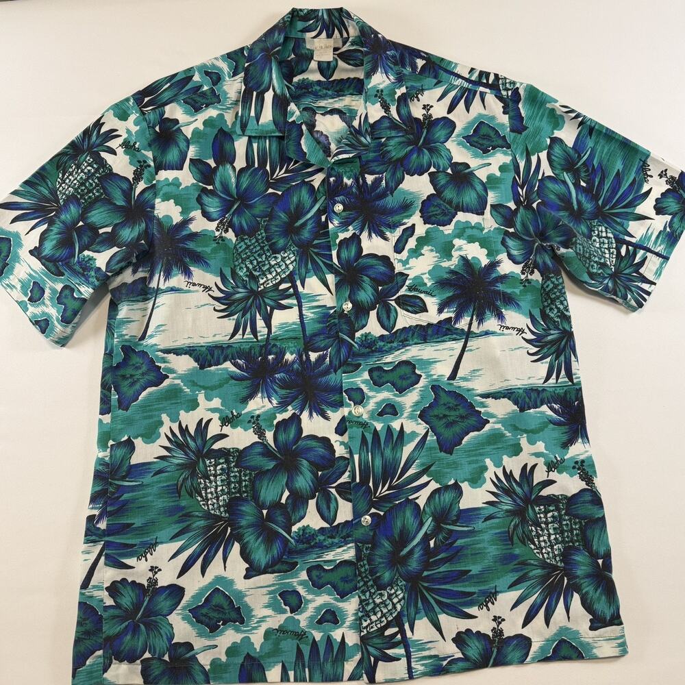 Vintage Made In Hawaii Hawaiian Shirt Aloha Pineapples Palm Trees Sz Large